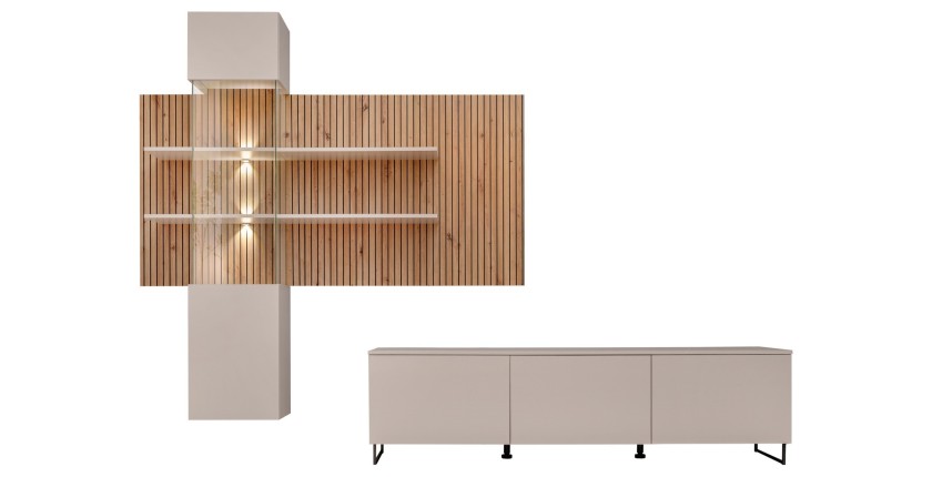 Composition murale Velora (Beige & Chêne) – Panneau mural, meuble vitré LED et meuble TV
