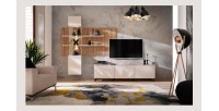 Composition murale Velora (Beige & Chêne) – Panneau mural, meuble vitré LED et meuble TV