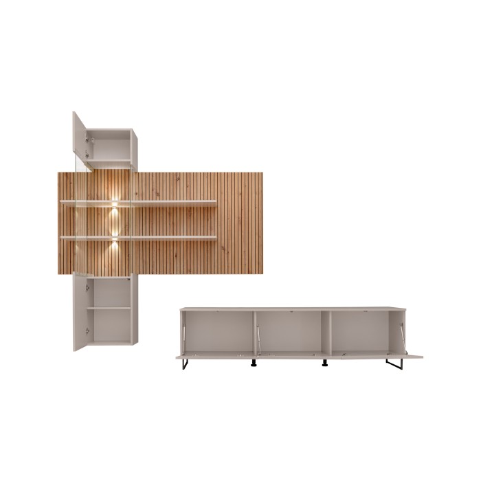 Composición mural Velora (Beige & Roble) – Panel mural, mueble con vitrina LED y mueble para TV
