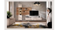 Composition murale ALVANO (Beige & Chêne) – Panneau mural, meuble vitré LED et meuble TV