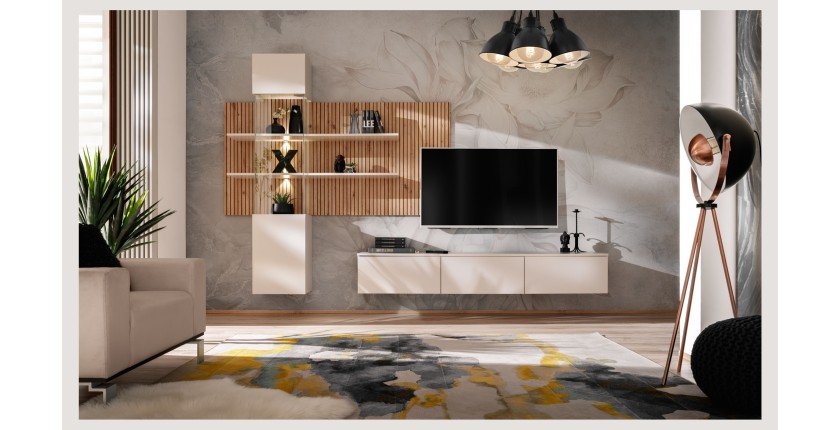 Composition murale ALVANO (Beige & Chêne) – Panneau mural, meuble vitré LED et meuble TV