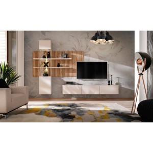 Wandmeubel ALVANO (Beige & Eiken) - Muurpaneel, vitrinekast met LED-verlichting en TV-meubel