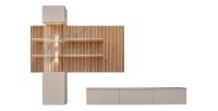 Wandmeubel ALVANO (Beige & Eiken) - Muurpaneel, vitrinekast met LED-verlichting en TV-meubel