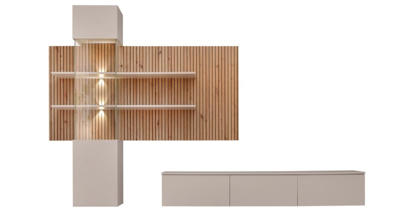 Composition murale ALVANO (Beige & Chêne) – Panneau mural, meuble vitré LED et meuble TV