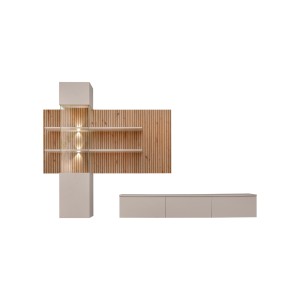 Wandmeubel ALVANO (Beige & Eiken) - Muurpaneel, vitrinekast met LED-verlichting en TV-meubel