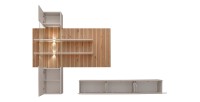 Wandmeubel ALVANO (Beige & Eiken) - Muurpaneel, vitrinekast met LED-verlichting en TV-meubel