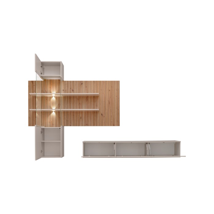 Composizione murale ALVANO (Beige & Rovere) – Pannello murale, mobile vetrina LED e mobile TV