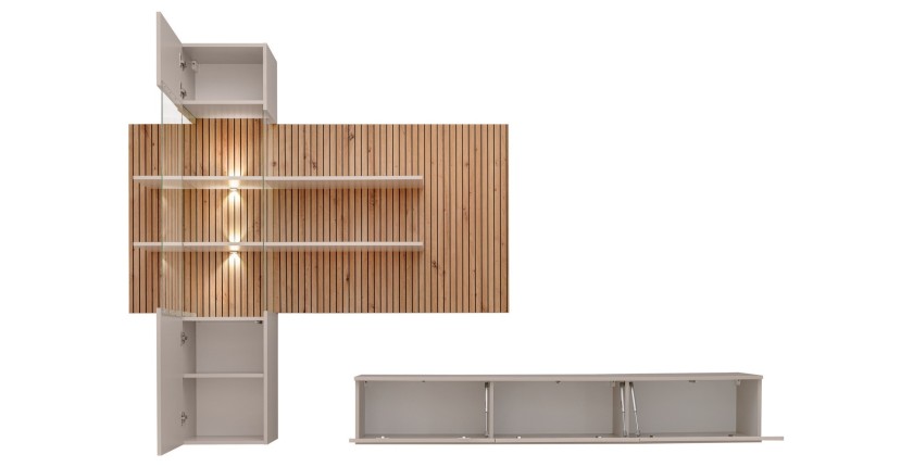 Wandmeubel ALVANO (Beige & Eiken) - Muurpaneel, vitrinekast met LED-verlichting en TV-meubel