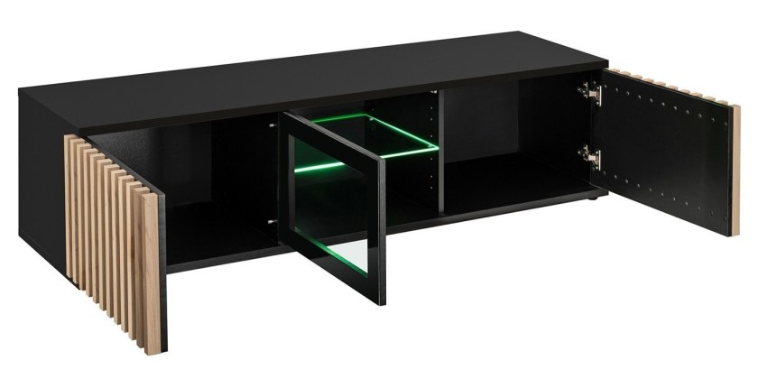 Mueble para TV de 160 cm en color roble y negro, colección DEAN. Mueble de diseño con 2 puertas y 2 nichos.