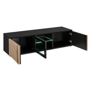 Mueble para TV de 160 cm en color roble y negro, colección DEAN. Mueble de diseño con 2 puertas y 2 nichos.