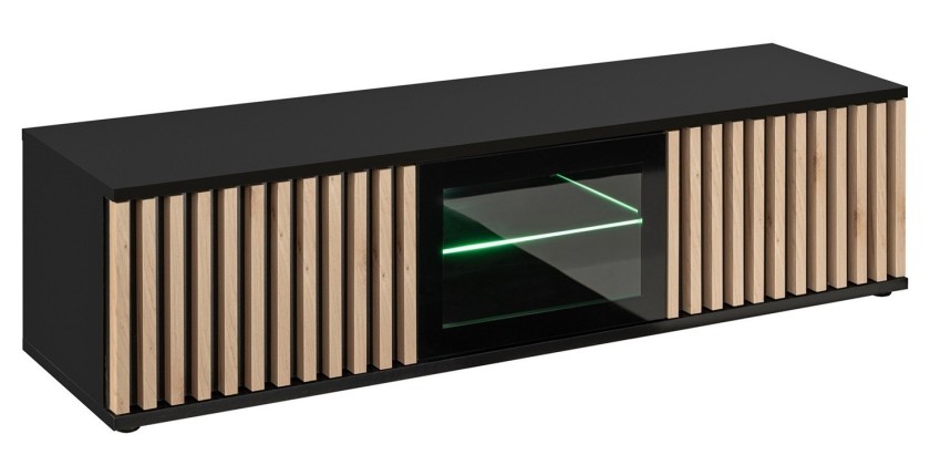Mueble para TV de 160 cm en color roble y negro, colección DEAN. Mueble de diseño con 2 puertas y 2 nichos.