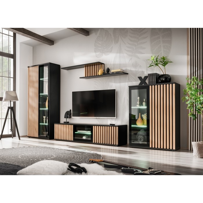 Mobile TV 160cm colore quercia e nero collezione DEAN. Mobile design con 2 porte e 2 nicchie.