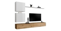Composition murale SWITCH VIII – Meuble TV mural, colonne et cubes suspendus – Chêne Wotan et blanc brillant – Design moderne