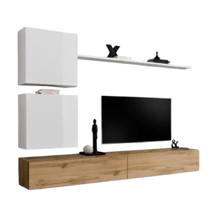 Composition murale SWITCH VIII – Meuble TV mural, colonne et cubes suspendus – Chêne Wotan et blanc brillant – Design moderne