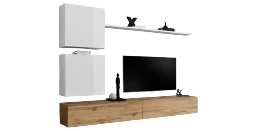 Composition murale SWITCH VIII – Meuble TV mural, colonne et cubes suspendus – Chêne Wotan et blanc brillant – Design moderne