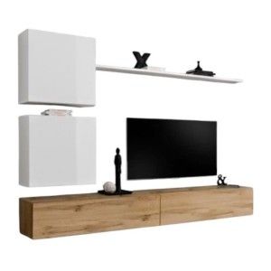 Composition murale SWITCH VIII – Meuble TV mural, colonne et cubes suspendus – Chêne Wotan et blanc brillant – Design moderne