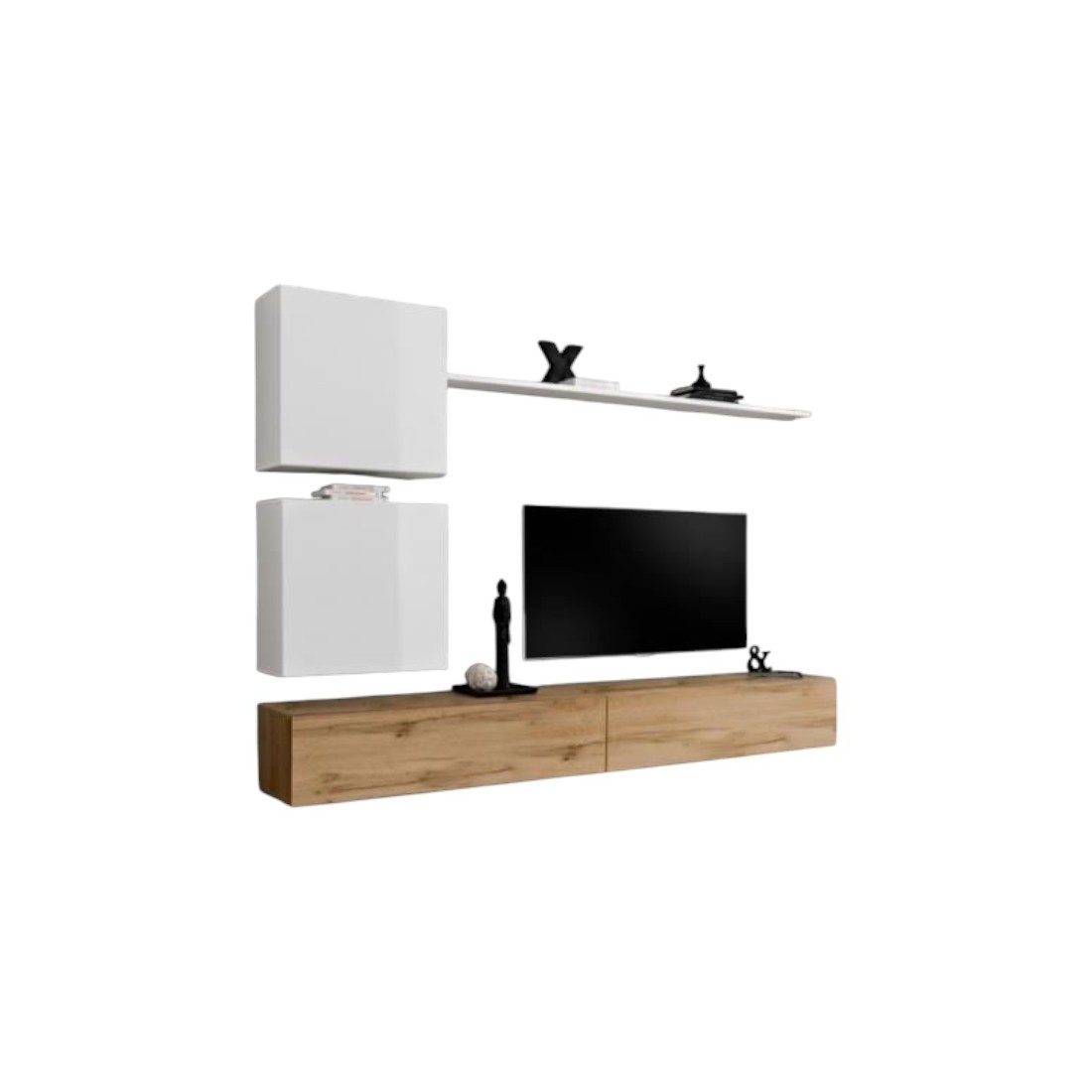 Composition murale SWITCH VIII – Meuble TV mural, colonne et cubes suspendus – Chêne Wotan et blanc brillant – Design moderne