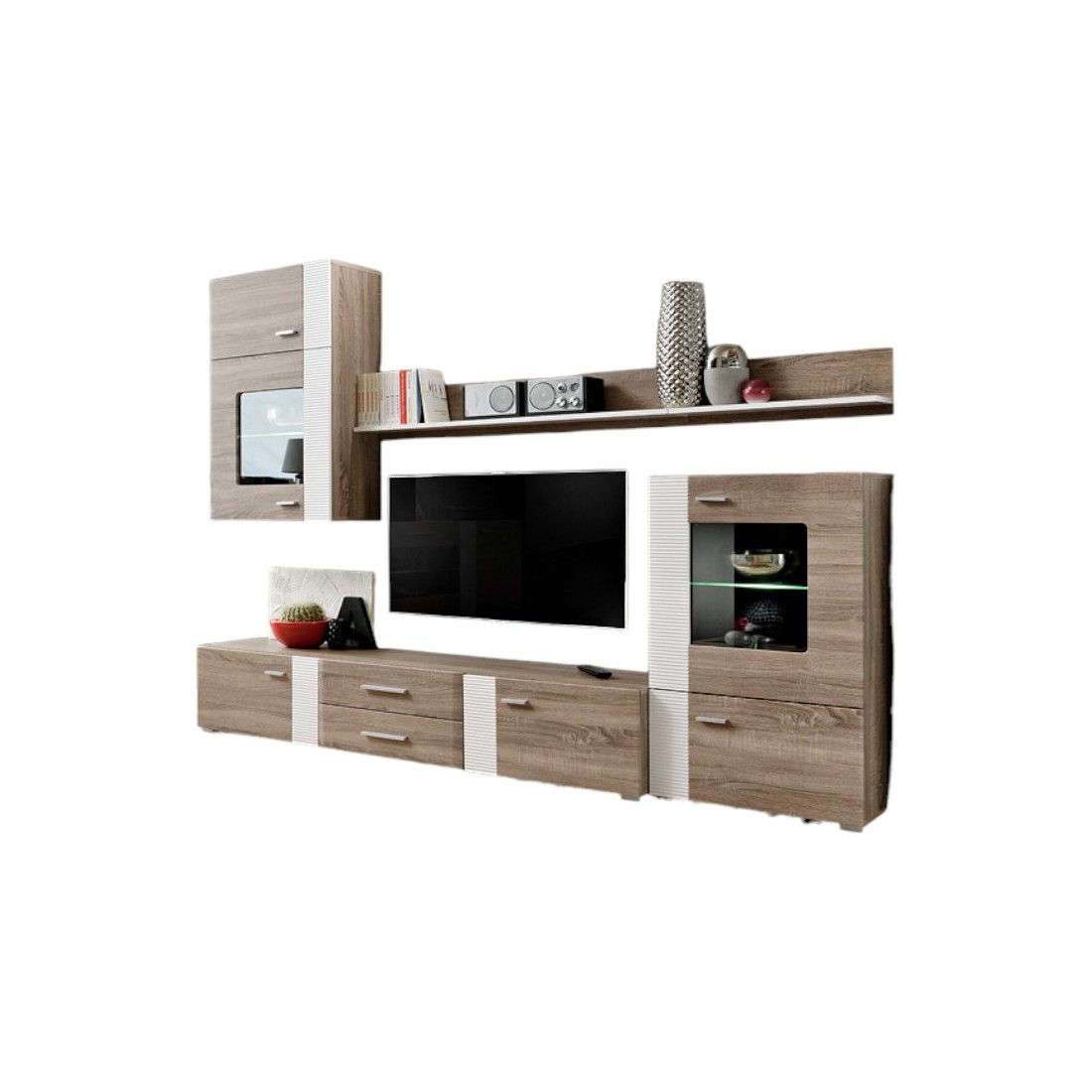 Composition de meubles TV  design collection ALEP. Coloris chêne et blanc.