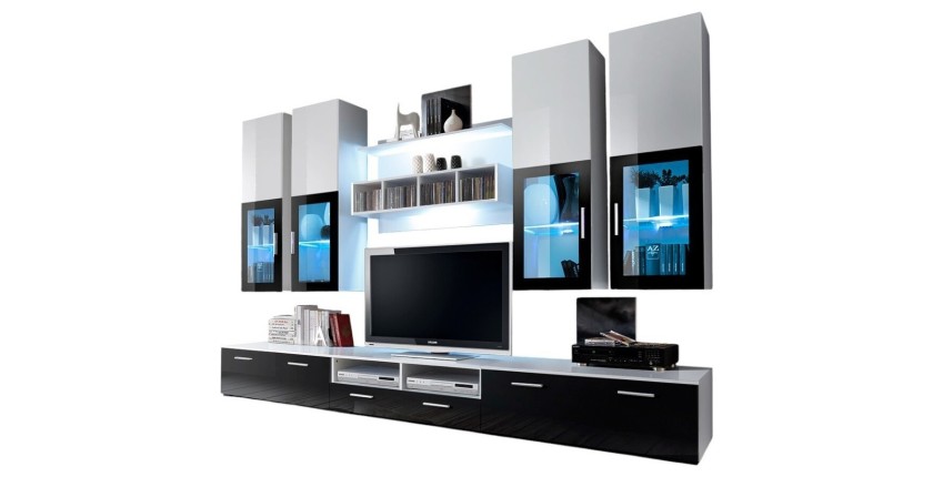 Composition de meubles TV  design collection LORA. Coloris blanc et noir.