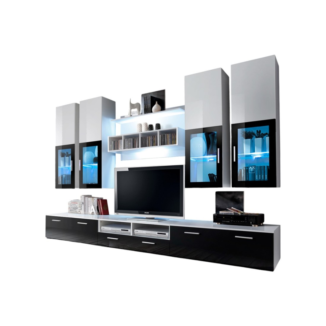 Composition de meubles TV  design collection LORA. Coloris blanc et noir.