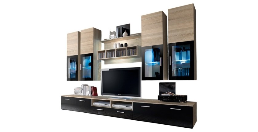 Composition de meubles TV  design collection LORA. Coloris chêne et noir.