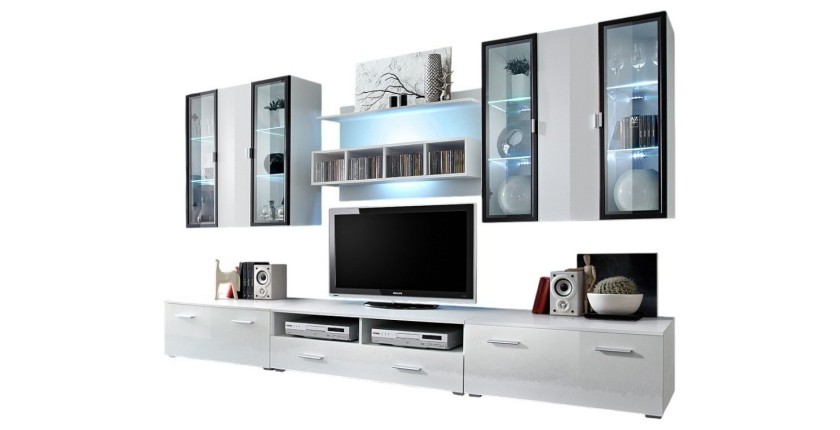 Wohnzimmermöbel-Set Quadro in Weiß/Hochglanz Weiß mit LED