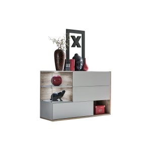 Buffet, bahut, enfilade KLIS trois portes et trois niches. Coloris gris perle et chêne. Style design.
