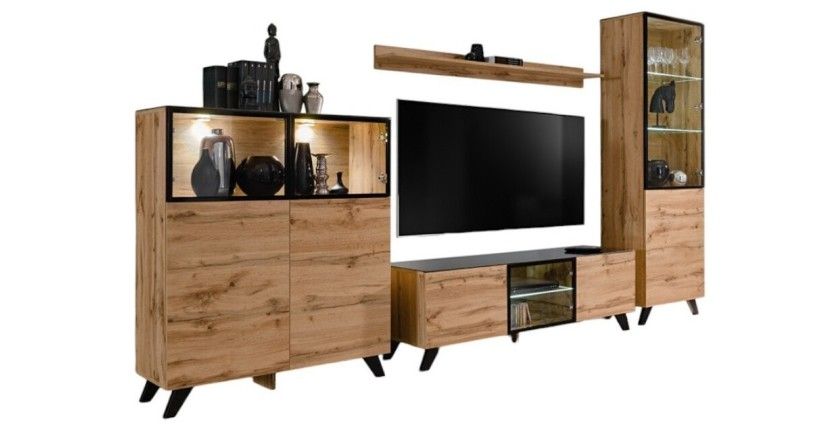 ENSEMBLE MEUBLES DE SALON TINO composé de quatre meubles et d'une étagère de style industriel.