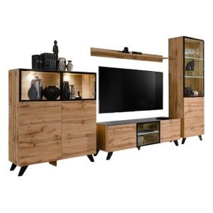 ENSEMBLE MEUBLES DE SALON TINO composé de quatre meubles et d'une étagère de style industriel.