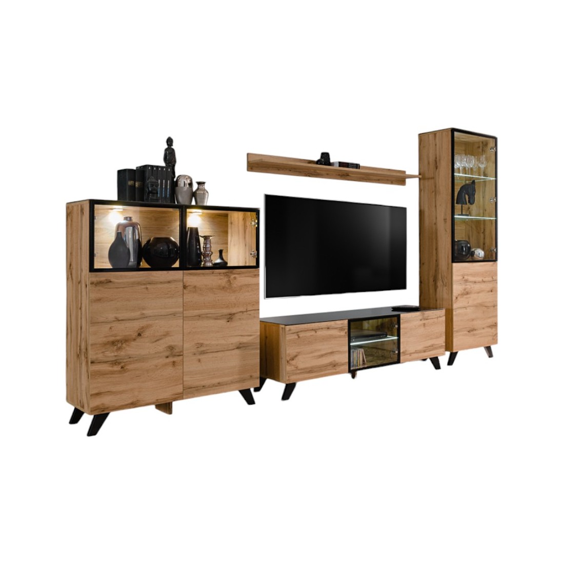 ENSEMBLE MEUBLES DE SALON TINO composé de quatre meubles et d'une étagère de style industriel.