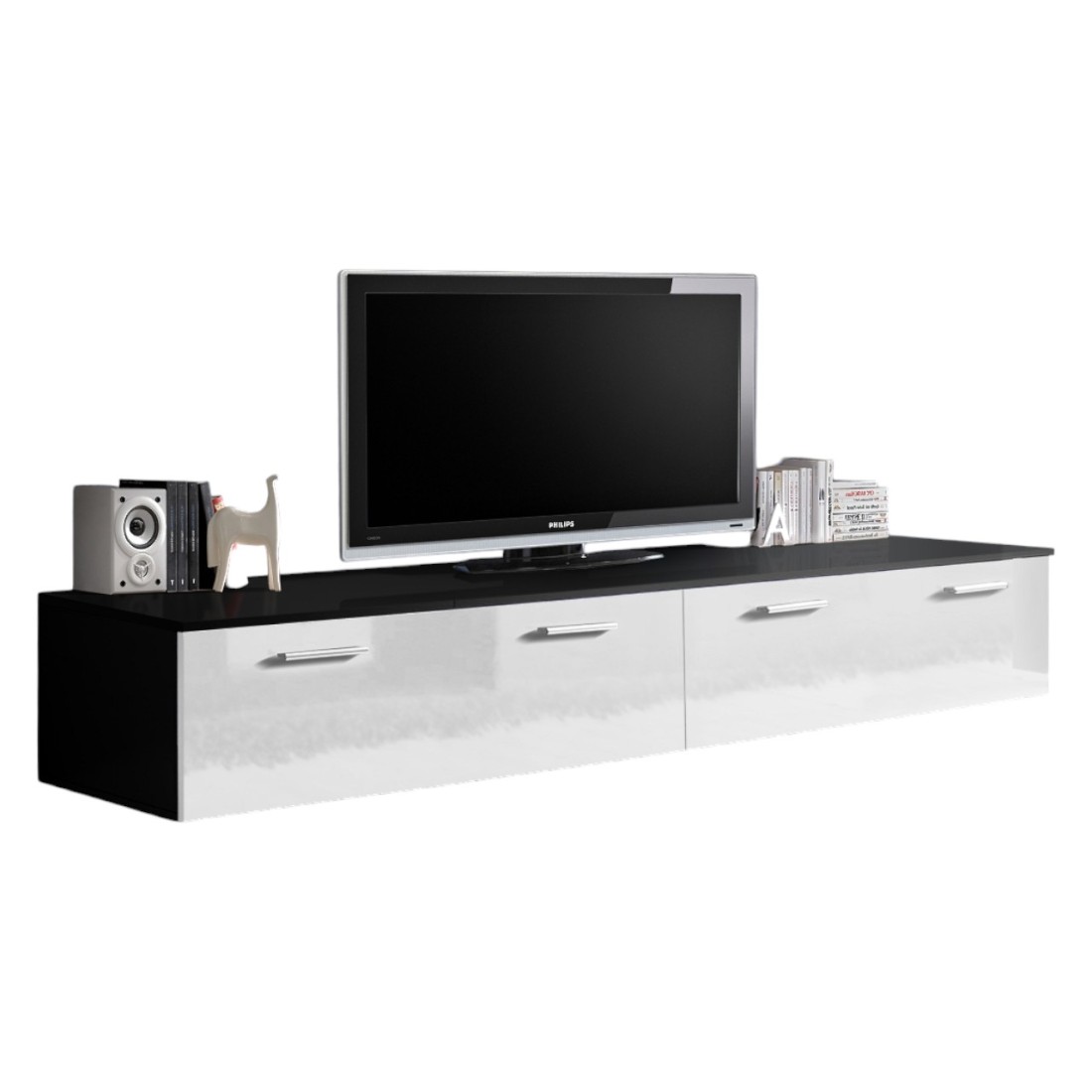 Meuble TV 200cm Collection COMET. Couleur noir et blanc. 2 portes abattantes.