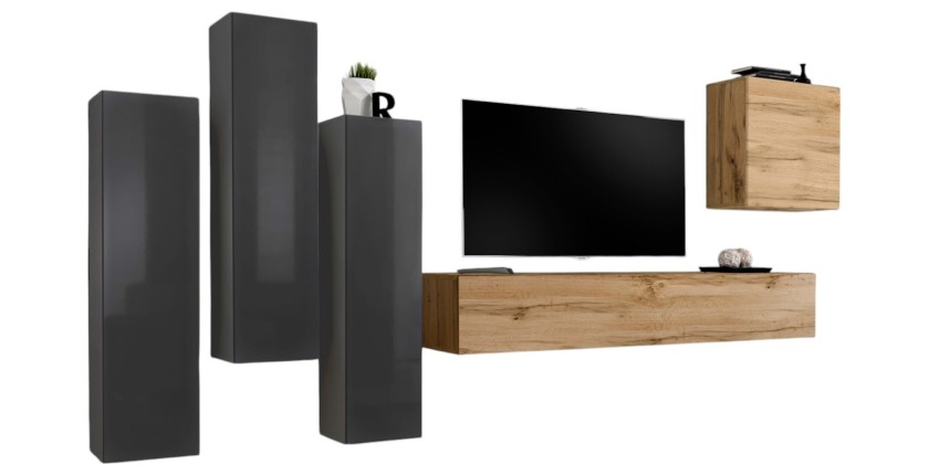Ensemble de meubles de salon design collection SWITCH III. Coloris gris brillant et chêne Wotan