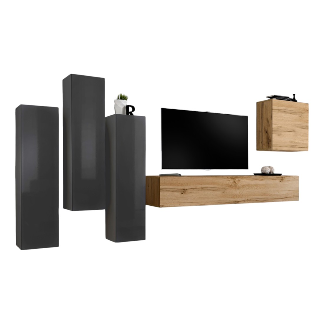Ensemble de meubles de salon design collection SWITCH III. Coloris gris brillant et chêne Wotan