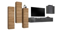Design-Möbelset für das Wohnzimmer, Kollektion SWITCH III. Farben Wotan-Eiche und glänzendes Grau.