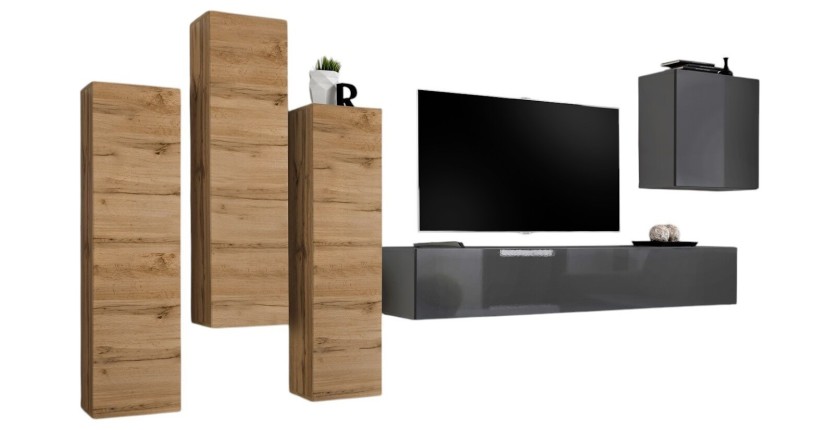 Design-Möbelset für das Wohnzimmer, Kollektion SWITCH III. Farben Wotan-Eiche und glänzendes Grau.