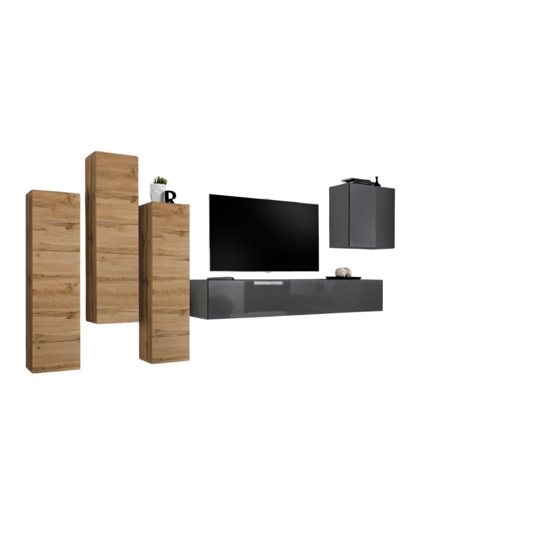 Design-Möbelset für das Wohnzimmer, Kollektion SWITCH III. Farben Wotan-Eiche und glänzendes Grau.