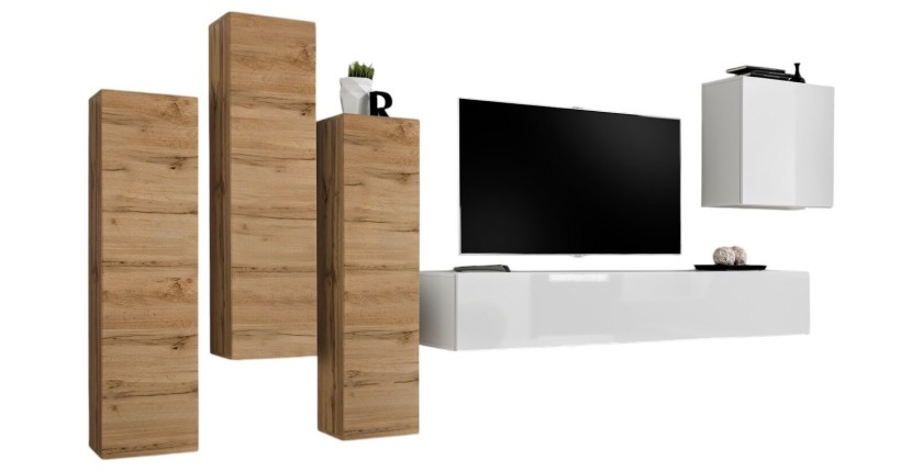 Ensemble de meubles de salon design collection SWITCH III. Coloris chêne wotan et blanc brillant.