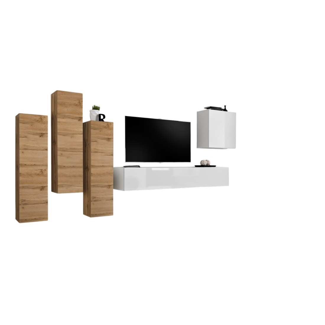 Ensemble de meubles de salon design collection SWITCH III. Coloris chêne wotan et blanc brillant.
