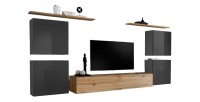 Ensemble meuble salon SWITCH IV design, coloris chêne Wotan et gris brillant .