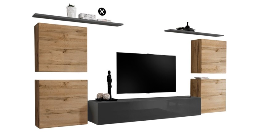 Ensemble meuble salon SWITCH IV design, coloris gris brillant et chêne Wotan.