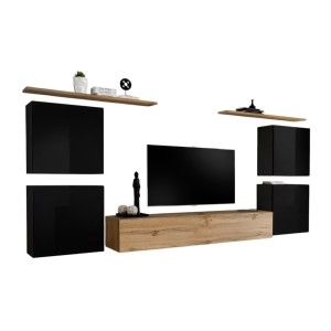 Ensemble meuble salon SWITCH IV design, coloris chêne Wotan et noir brillant .
