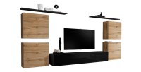 Ensemble meuble salon SWITCH IV design, coloris noir brillant et chêne Wotan.