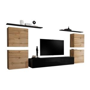 Ensemble meuble salon SWITCH IV design, coloris noir brillant et chêne Wotan.