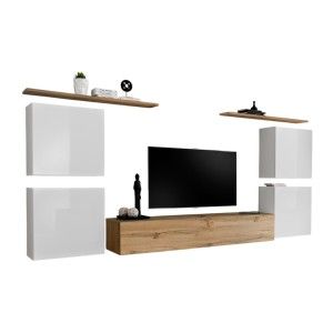 Ensemble meuble salon SWITCH IV design, coloris chêne Wotan et blanc .