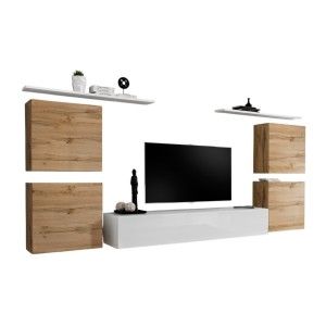 Ensemble meuble salon SWITCH IV design, coloris blanc et chêne Wotan.