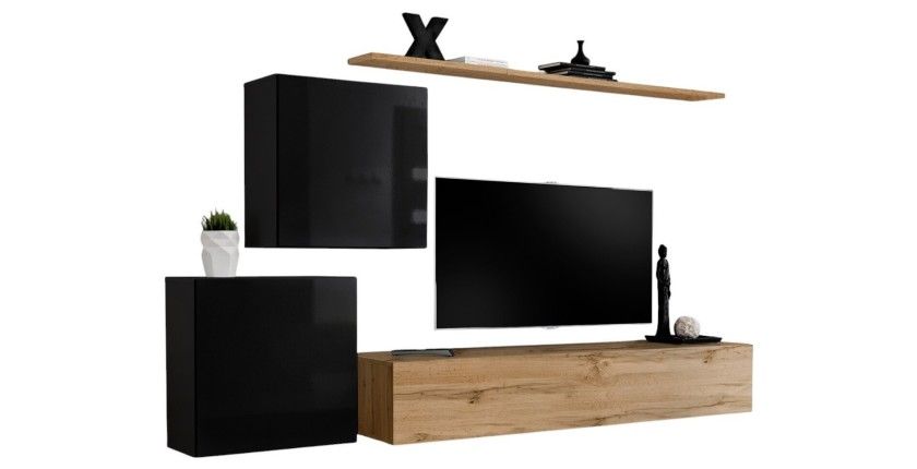 Ensemble meuble salon SWITCH V design, coloris chêne Wotan et noir brillant.
