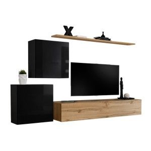 Ensemble meuble salon SWITCH V design, coloris chêne Wotan et noir brillant.