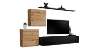 Ensemble meuble salon SWITCH V design, coloris noir brillant et chêne Wotan.