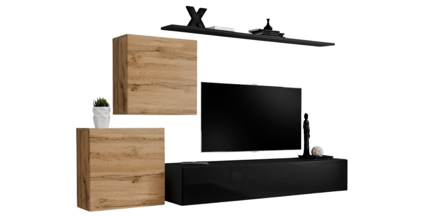 Ensemble meuble salon SWITCH V design, coloris noir brillant et chêne Wotan.