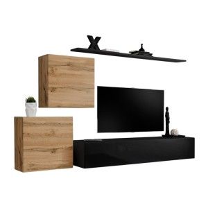 Ensemble meuble salon SWITCH V design, coloris noir brillant et chêne Wotan.